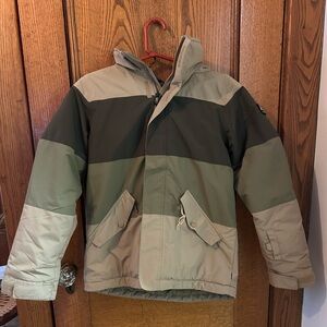 Burton Kids Colorblock Winter Puffer Jacket in Olive, Dark Olive, and Tan